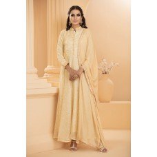 CTL-157 BEIGE PRINTED BADGE A LINE FLARY SUIT (READY MADE)